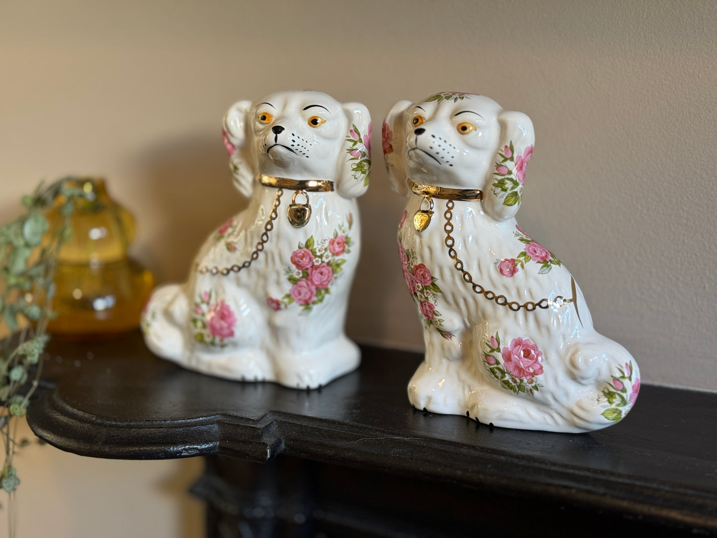 Rare Pair of Floral Staffordshire Dogs by Oldcourt Ware, c.1970s–80s | Pink Rose Design