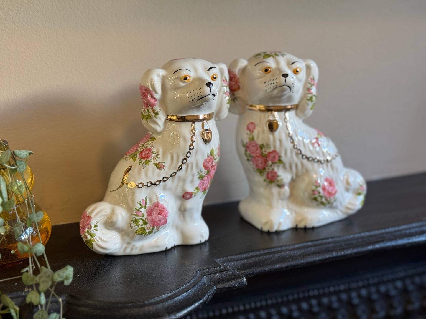 Rare Pair of Floral Staffordshire Dogs by Oldcourt Ware, c.1970s–80s | Pink Rose Design