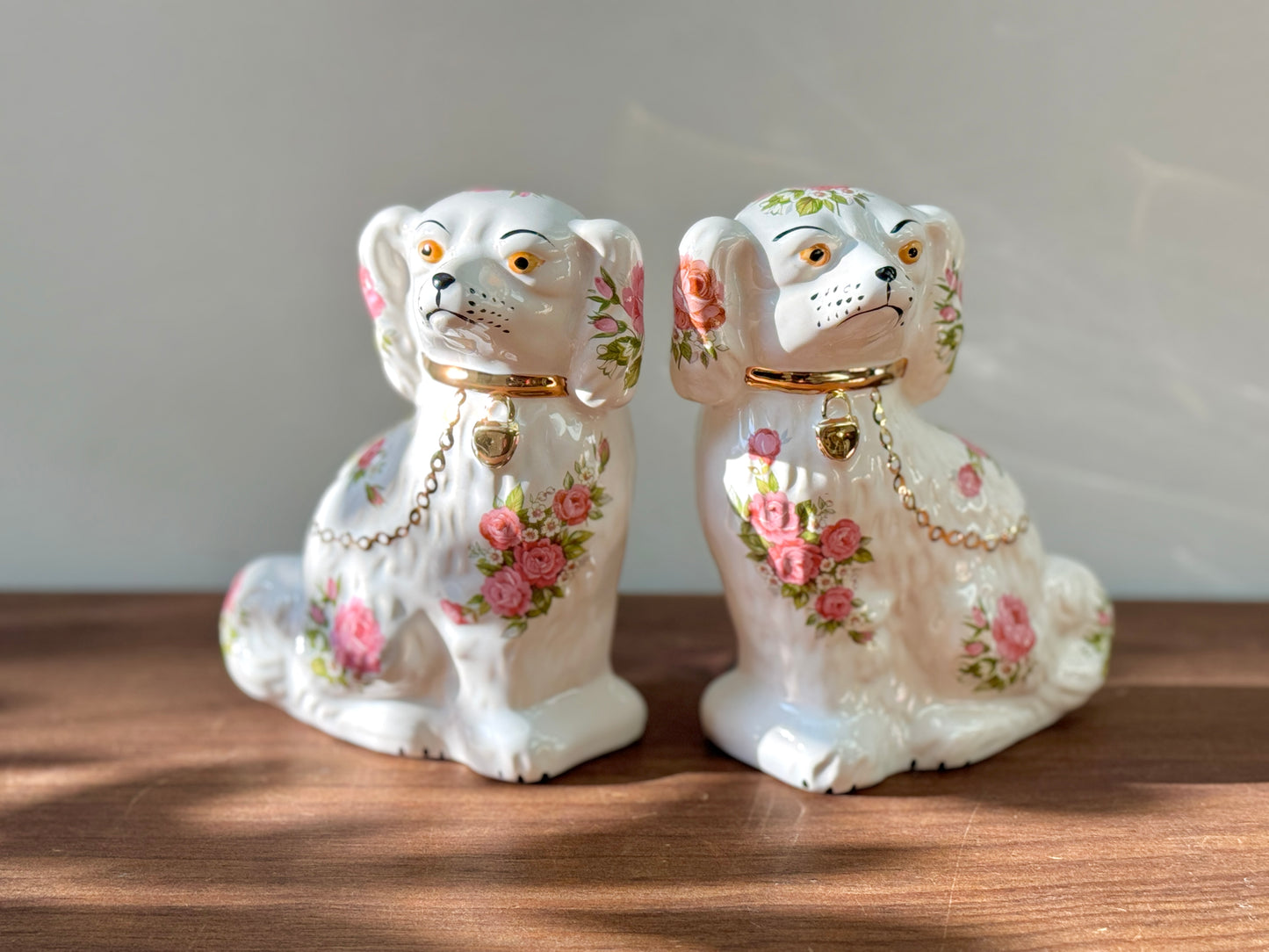 Rare Pair of Floral Staffordshire Dogs by Oldcourt Ware, c.1970s–80s | Pink Rose Design