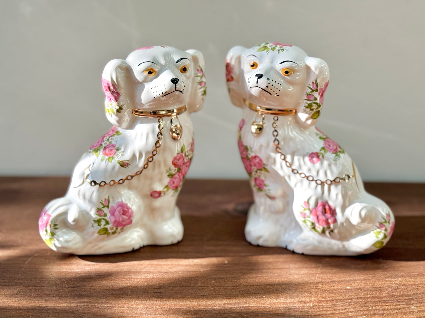 Rare Pair of Floral Staffordshire Dogs by Oldcourt Ware, c.1970s–80s | Pink Rose Design