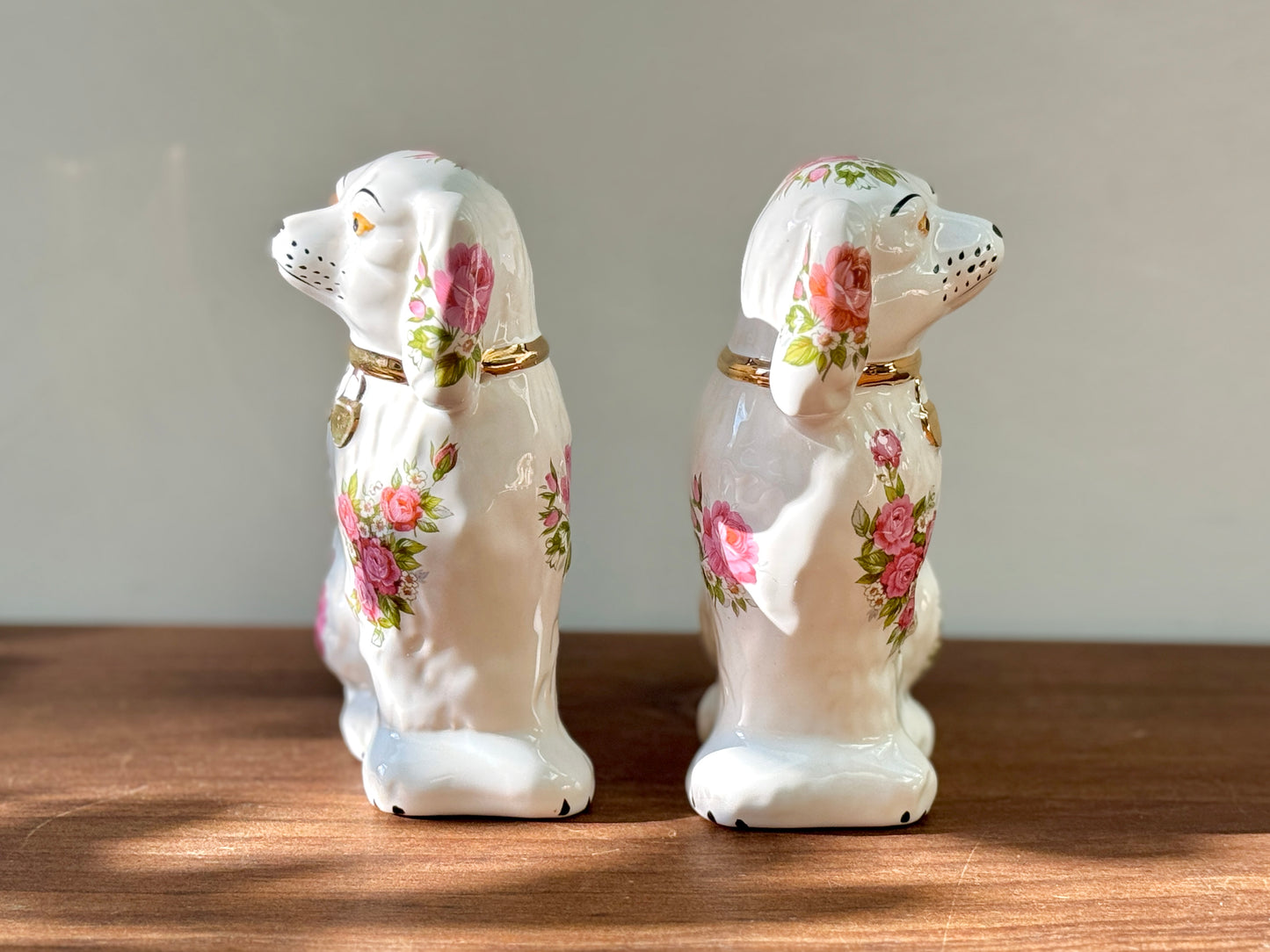 Rare Pair of Floral Staffordshire Dogs by Oldcourt Ware, c.1970s–80s | Pink Rose Design