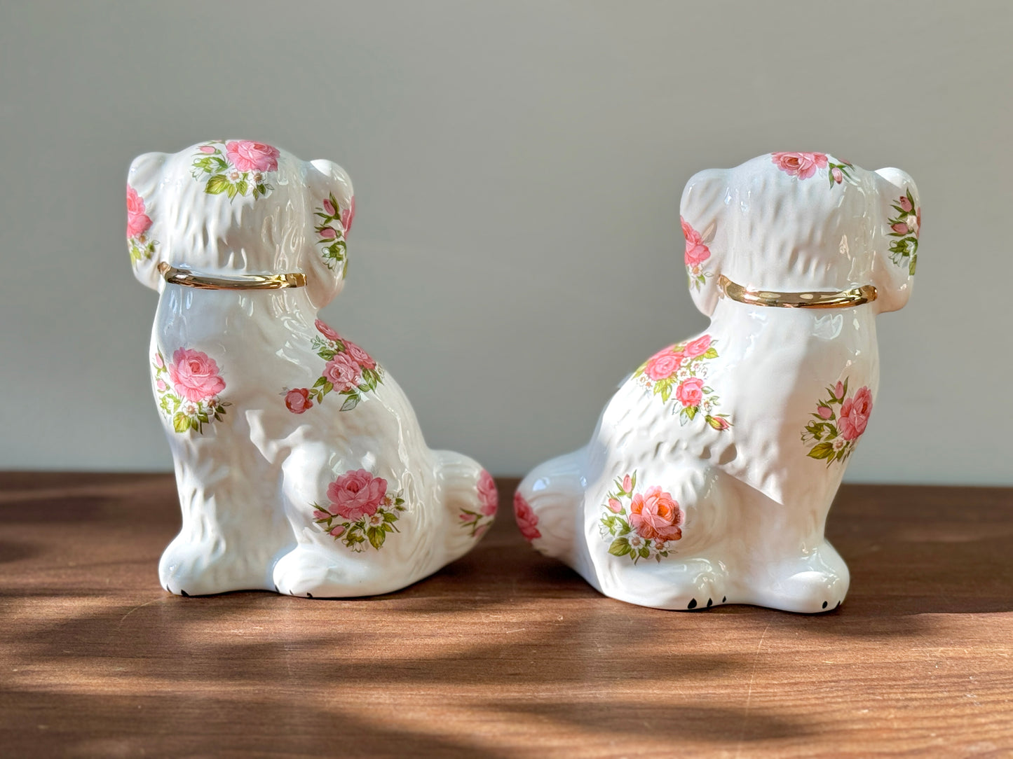 Rare Pair of Floral Staffordshire Dogs by Oldcourt Ware, c.1970s–80s | Pink Rose Design