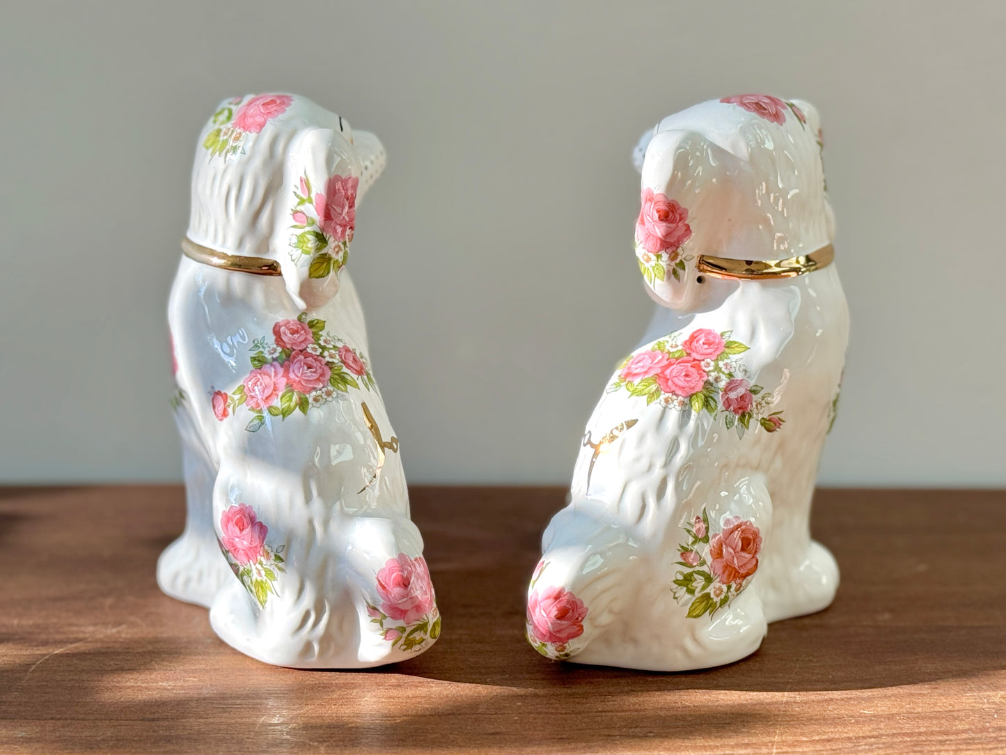 Rare Pair of Floral Staffordshire Dogs by Oldcourt Ware, c.1970s–80s | Pink Rose Design
