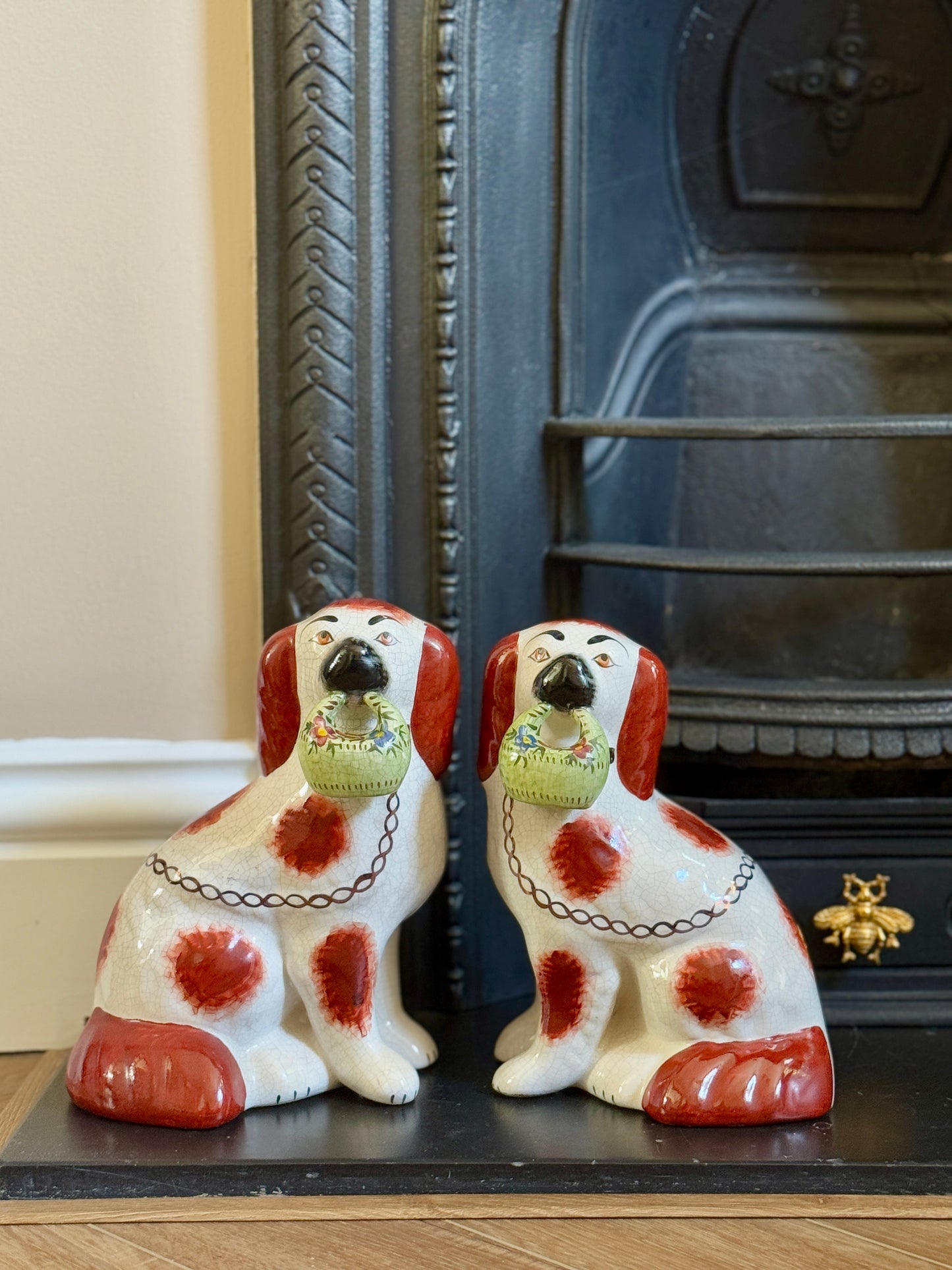 Rare Pair of Staffordshire Dogs with Green flower Baskets by William Kent, c.1940s–50s