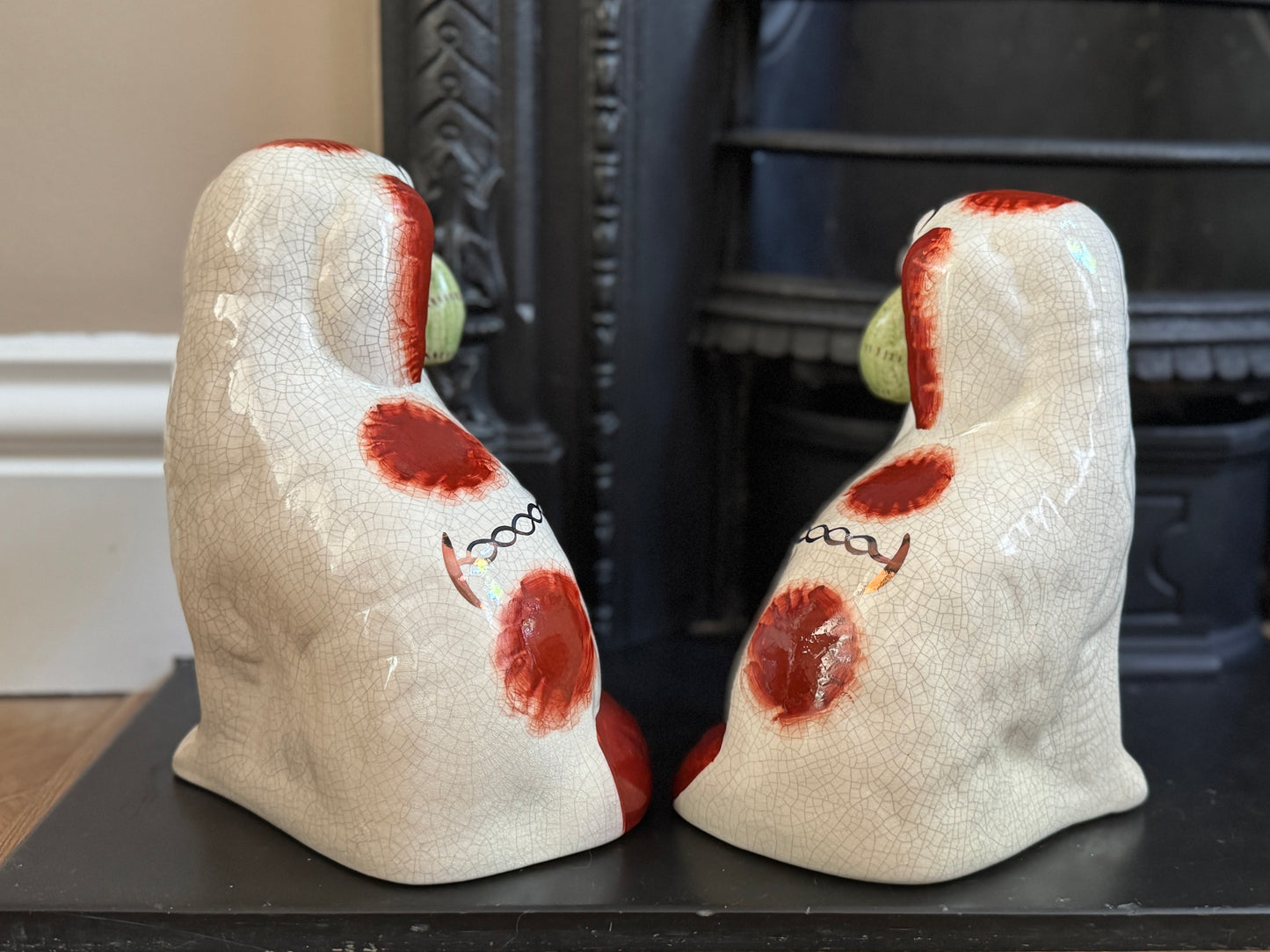 Rare Pair of Staffordshire Dogs with Green flower Baskets by William Kent, c.1940s–50s