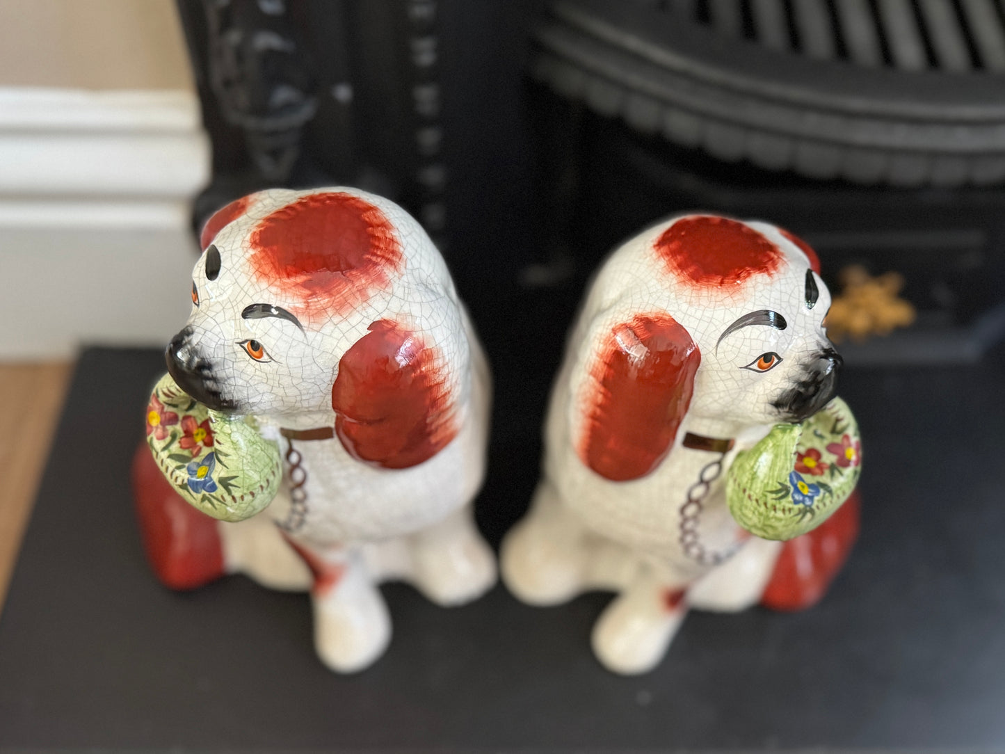 Rare Pair of Staffordshire Dogs with Green flower Baskets by William Kent, c.1940s–50s