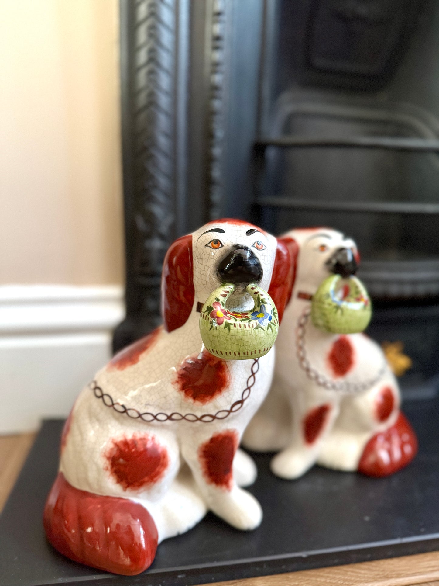 Rare Pair of Staffordshire Dogs with Green flower Baskets by William Kent, c.1940s–50s