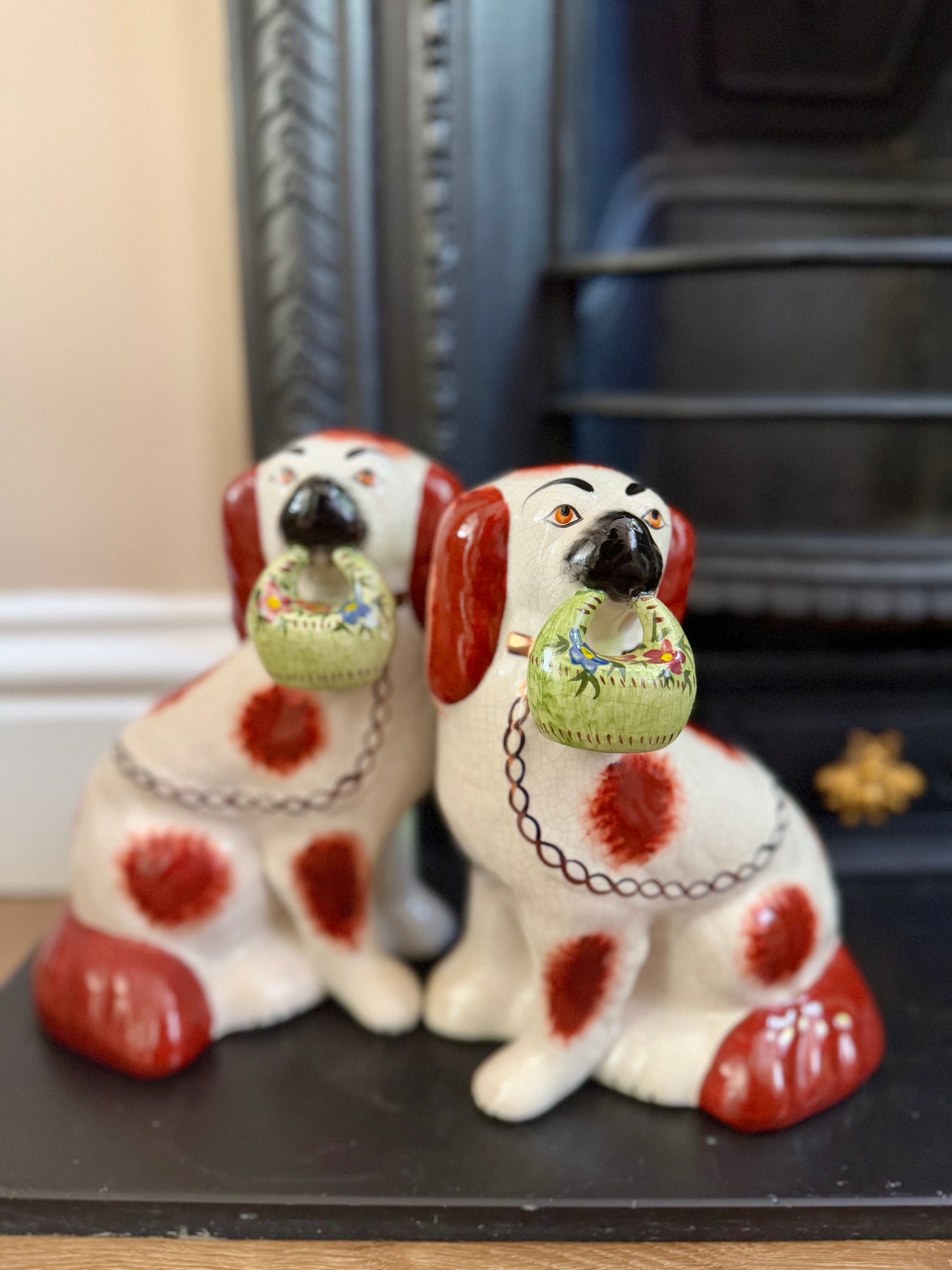 Rare Pair of Staffordshire Dogs with Green flower Baskets by William Kent, c.1940s–50s