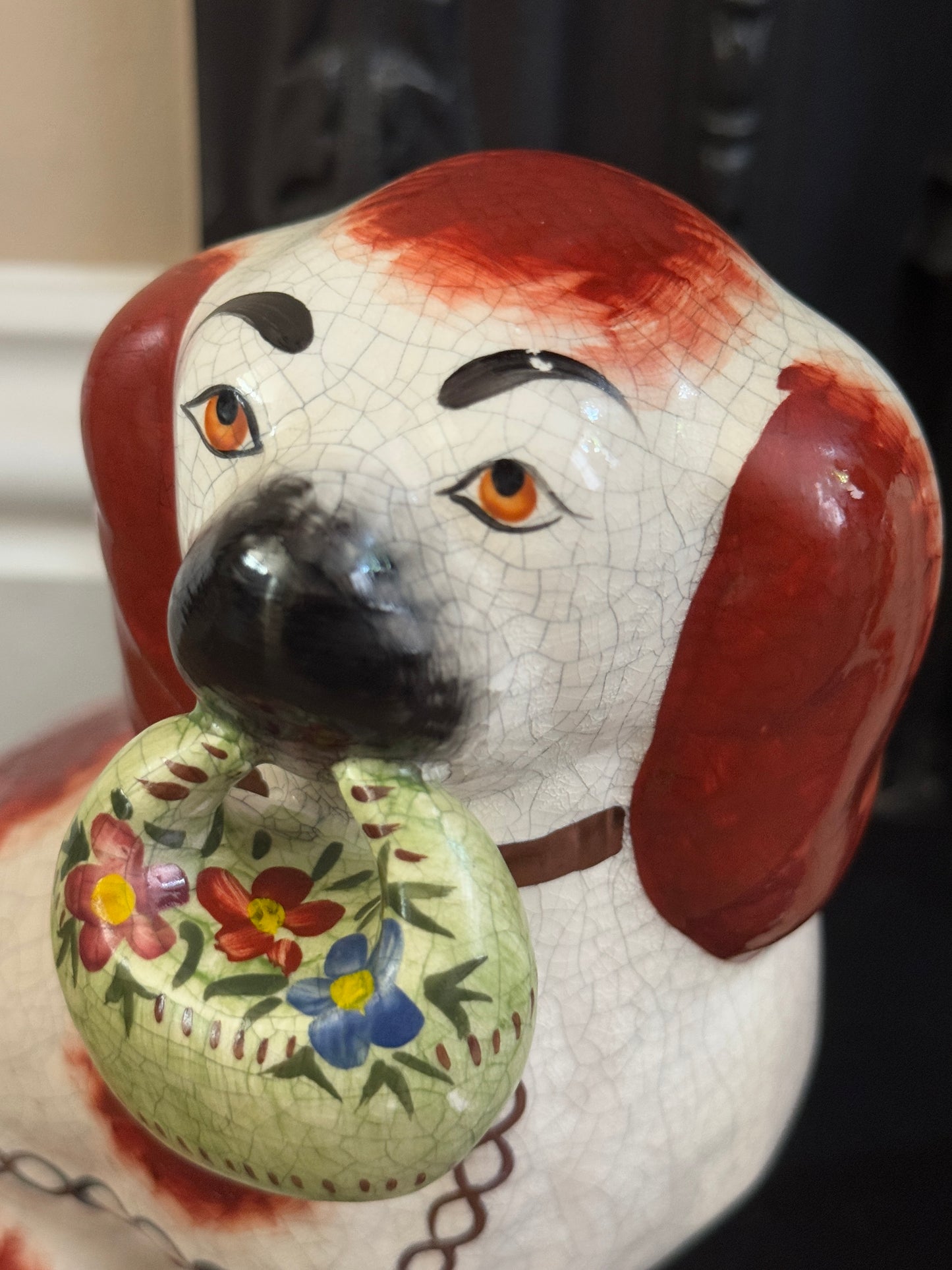 Rare Pair of Staffordshire Dogs with Green flower Baskets by William Kent, c.1940s–50s