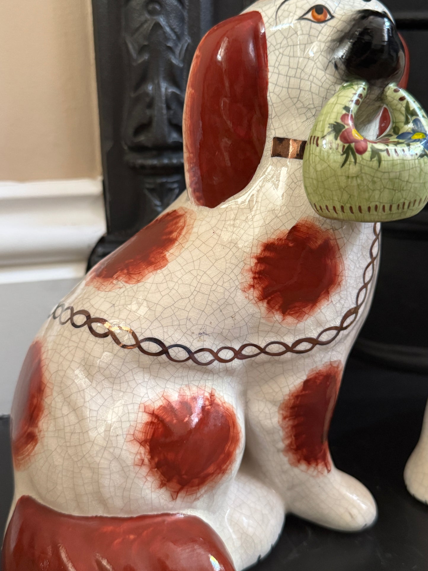 Rare Pair of Staffordshire Dogs with Green flower Baskets by William Kent, c.1940s–50s