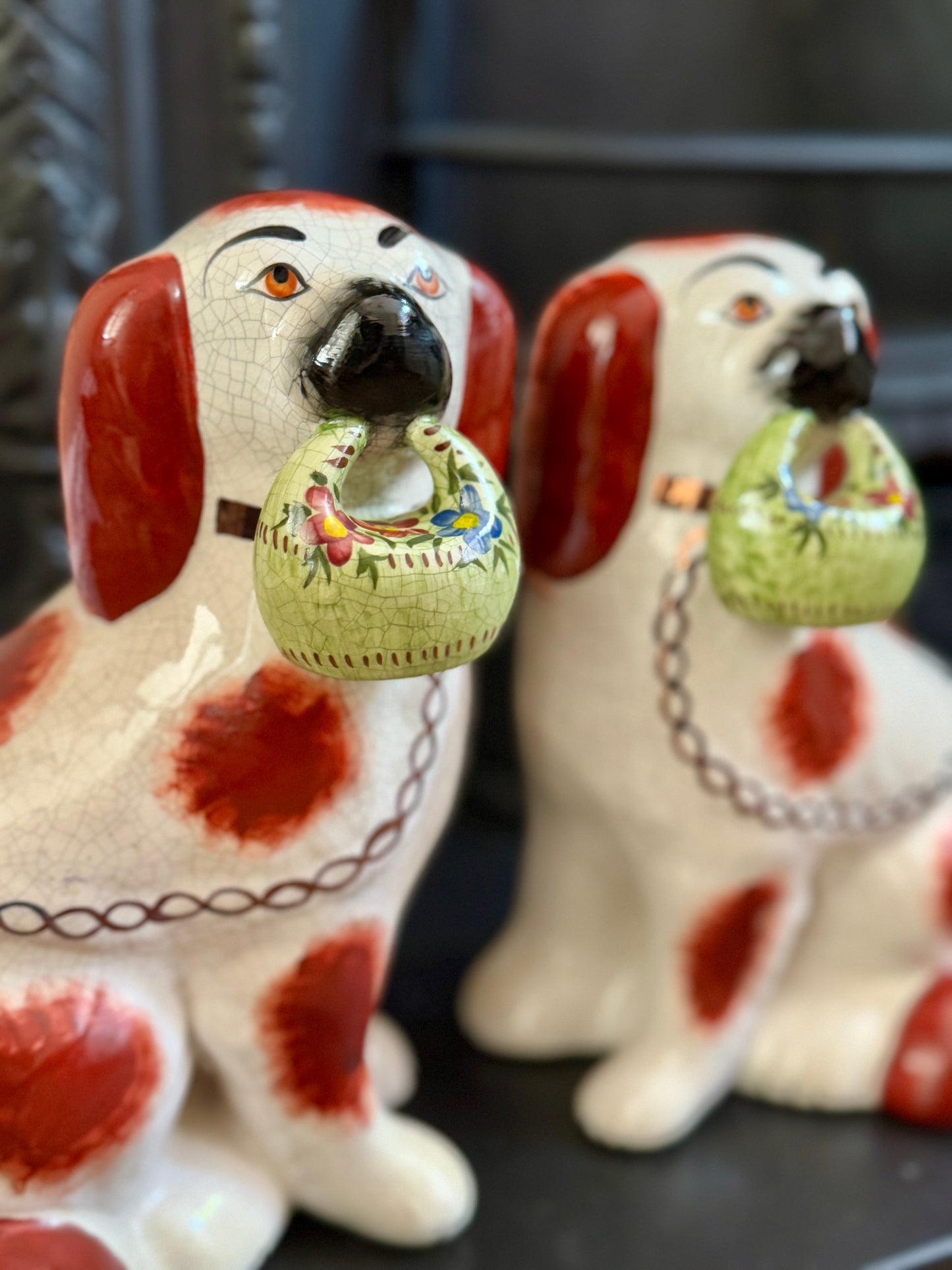 Rare Pair of Staffordshire Dogs with Green flower Baskets by William Kent, c.1940s–50s