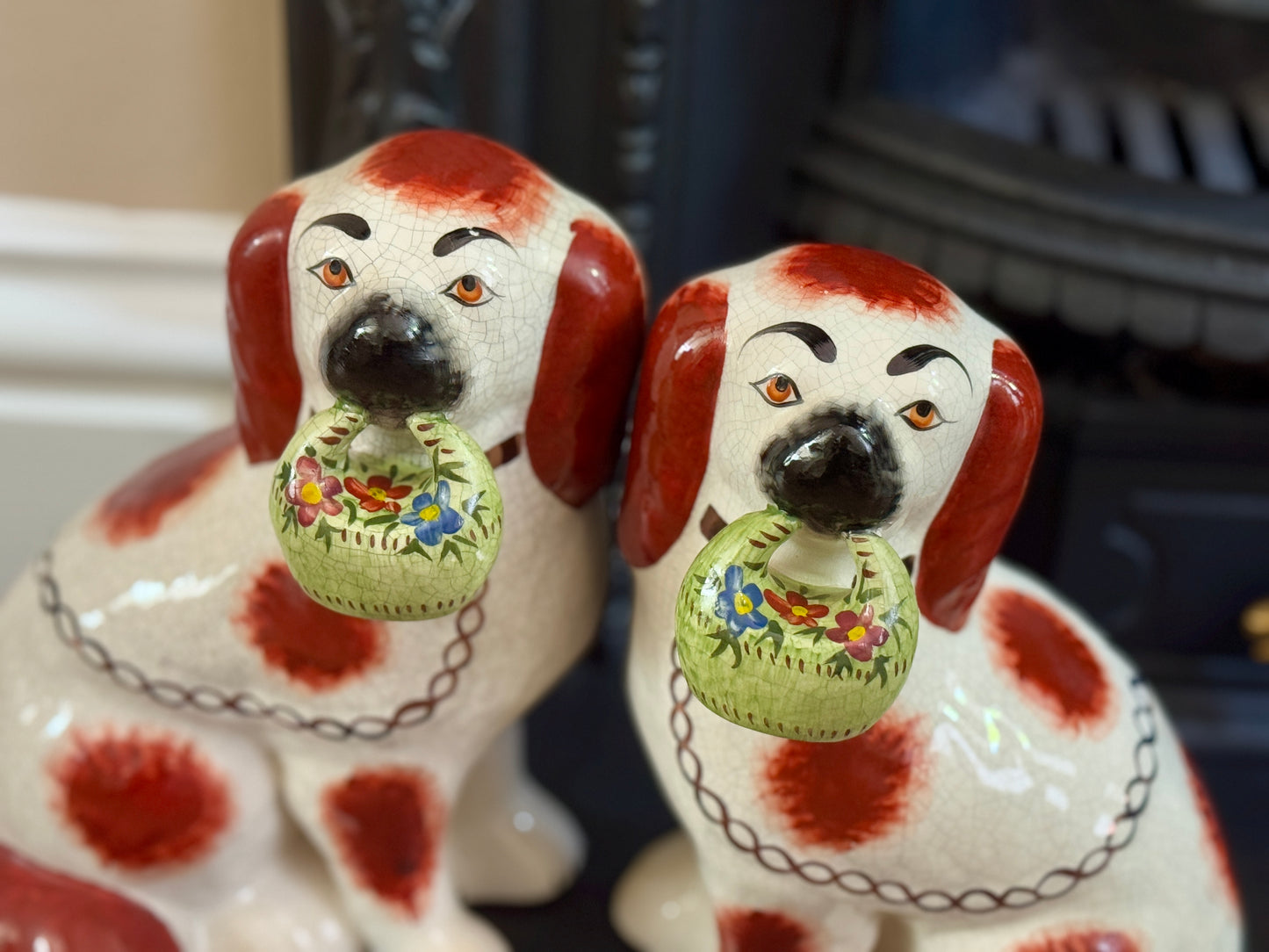 Rare Pair of Staffordshire Dogs with Green flower Baskets by William Kent, c.1940s–50s