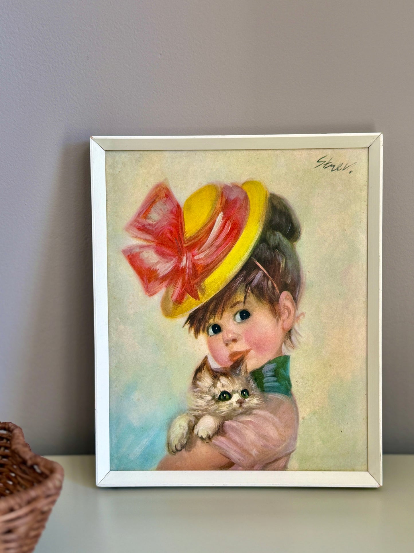 Vintage Framed Print: "Harriet, Girl with a Cat" by John Strevens (Strev.) | c.1960s