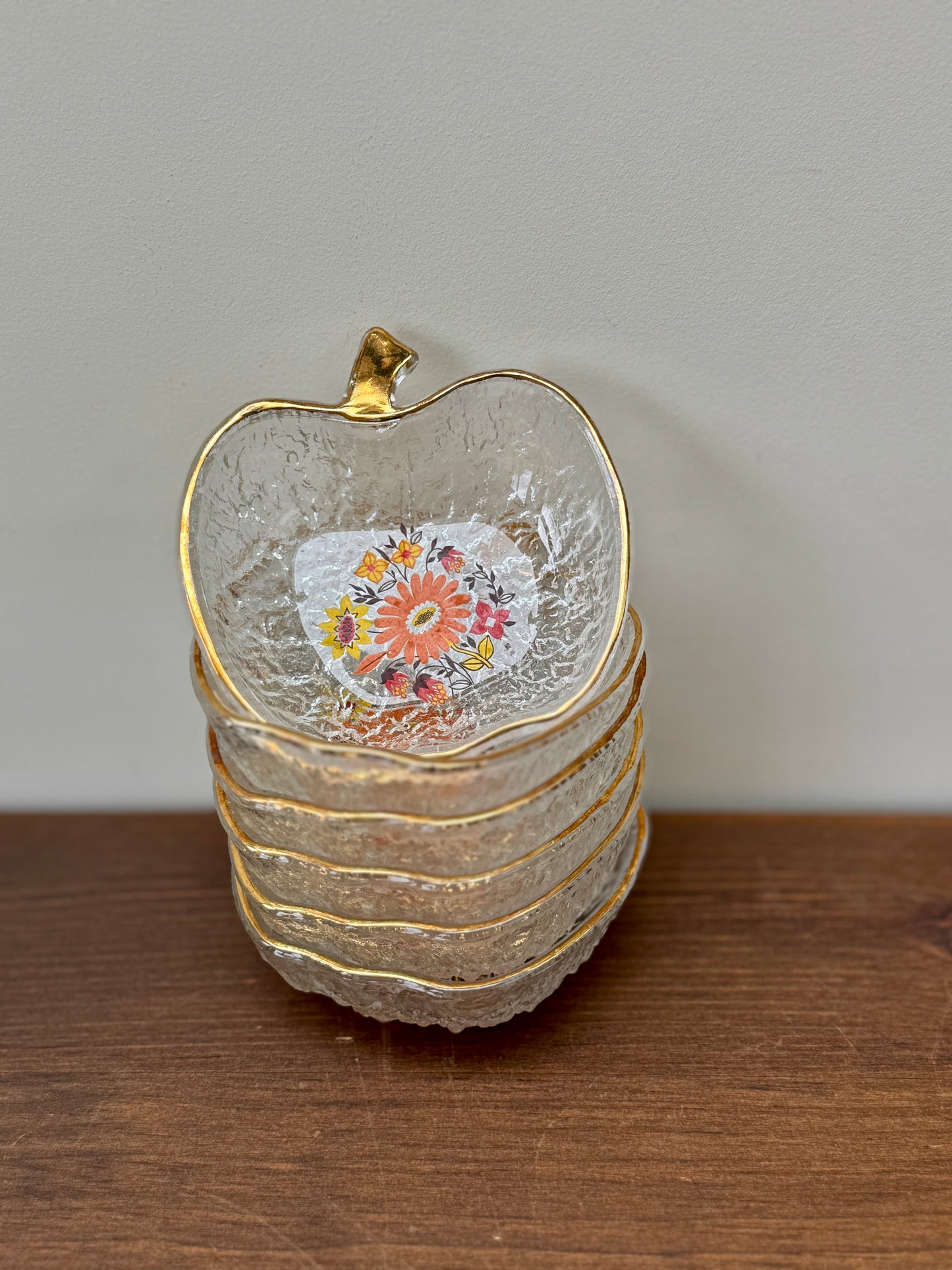 Vintage Apple-Shaped Glass Bowls with Floral Motif, Set of 6 | 1960s–70s Retro Style