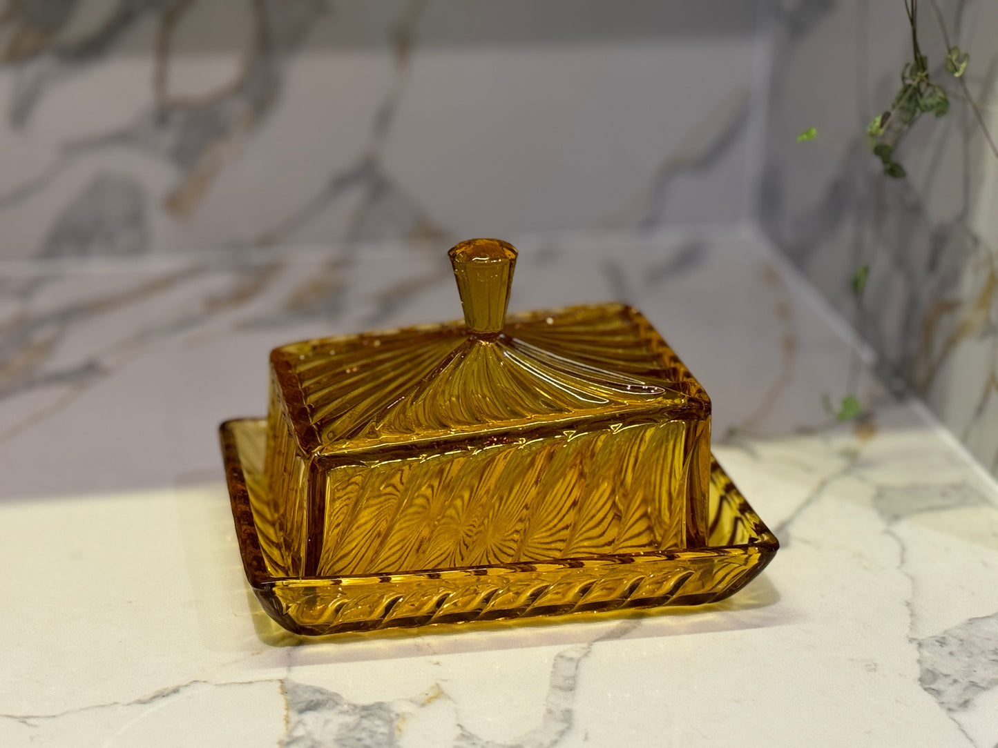 Vintage Art Deco Amber Glass Cheese Dish by Bagley & Co | Carnival Pattern 1930s butter dish