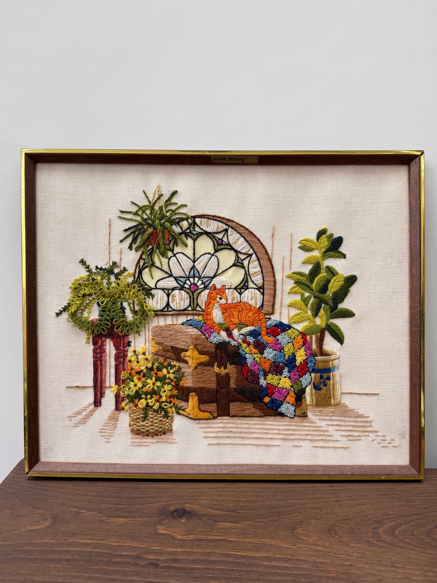Vintage Framed Embroidery Art: 'A Purr-fect Morning' by Sunset Stitchery dated 1978-Framed Art-Sunset Stitchery-My Happy London Home