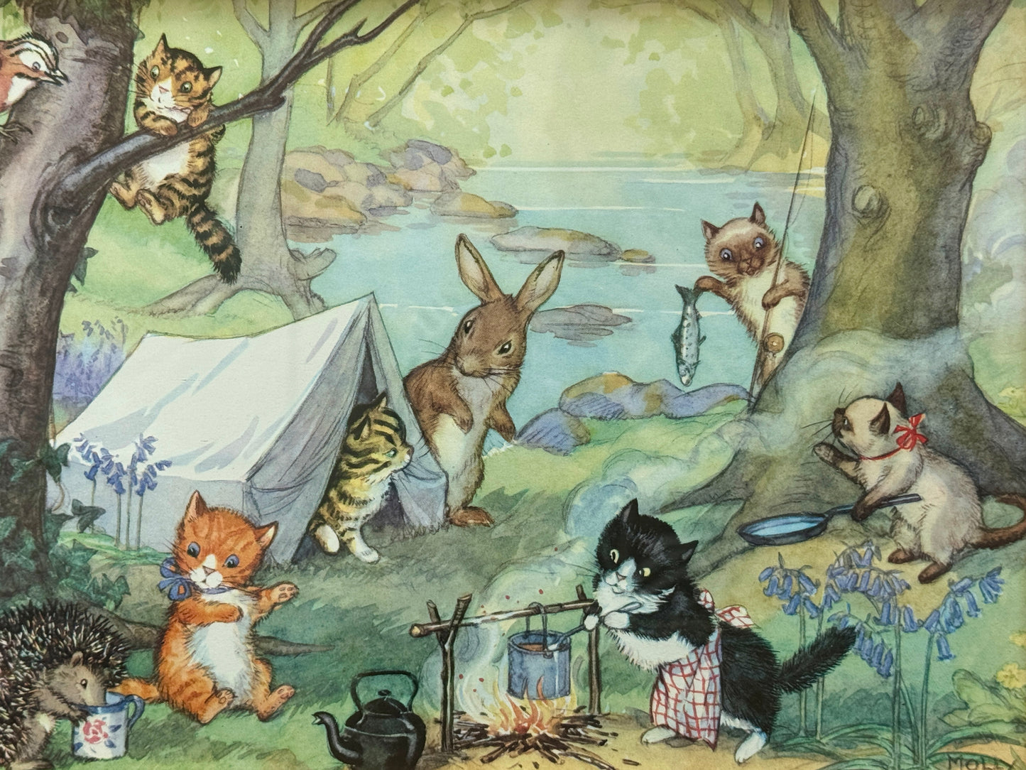 ヴィンテージ額入りプリント、モリー・ブレット作「子猫たち、キャンプに行く」キャンプ場 猫