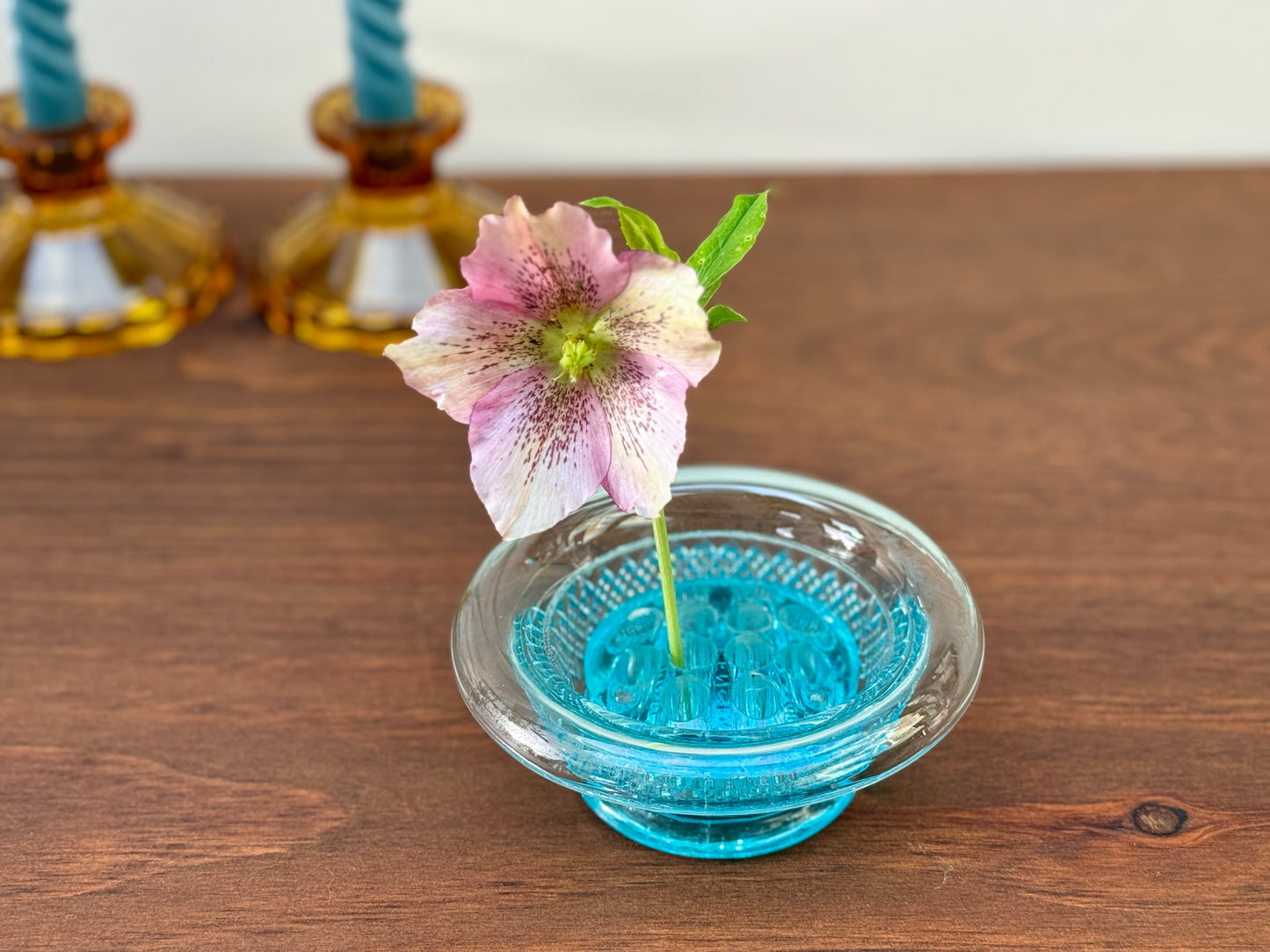 Vintage Geo. Davidson & Co. Pressed Glass Vase with Rolled Edge & Flower Frog, Blue