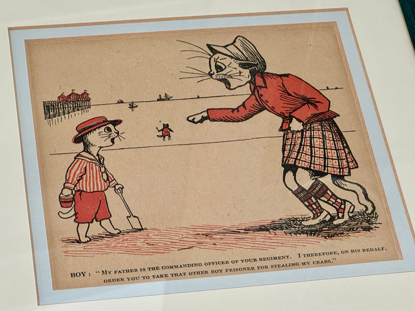 ルイス・ウェイン作、額装イラスト「海辺で遊ぶ水兵ルックの子猫」|c.1923年