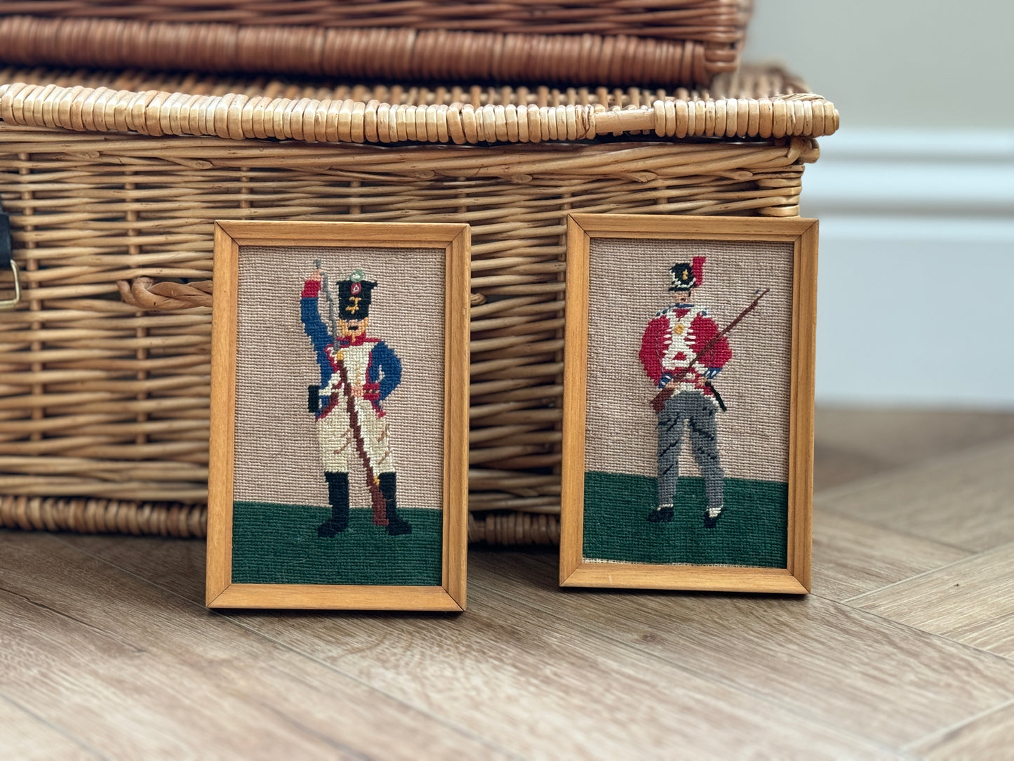 Vintage Pair of Tapestry Soldiers in Frames Red & Blue Jackets