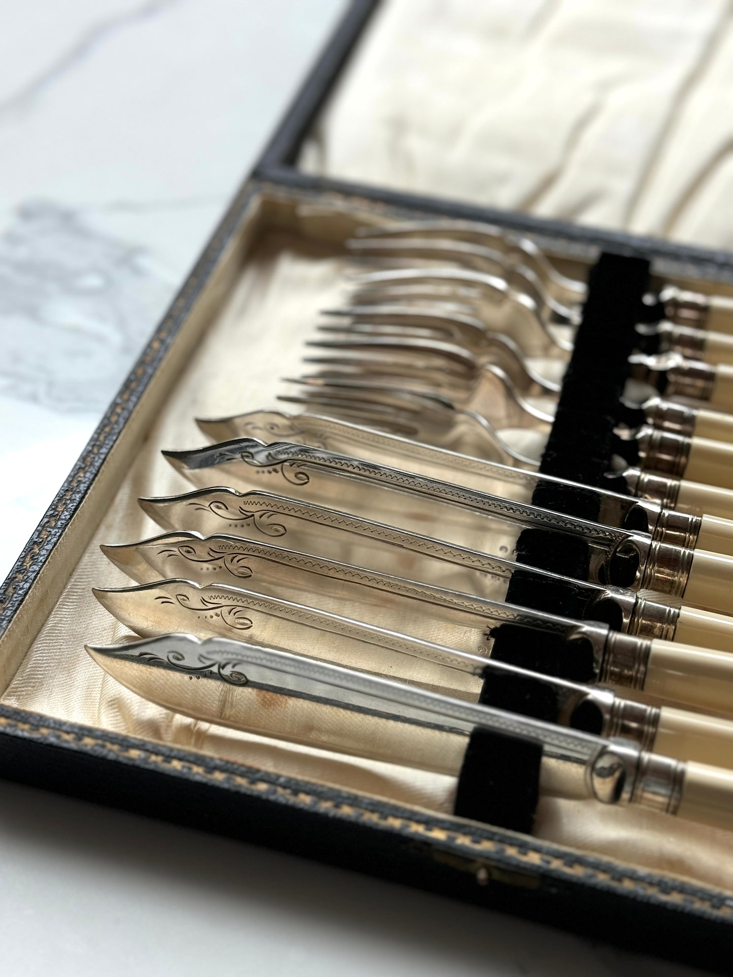 Vintage Silver Plated Fish Knife & Fork Set for Six | Faux Bone Handles & Original Box, c.1910-1930s