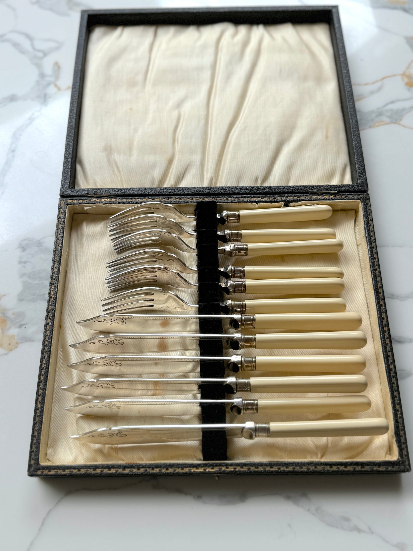 Vintage Silver Plated Fish Knife & Fork Set for Six | Faux Bone Handles & Original Box, c.1910-1930s