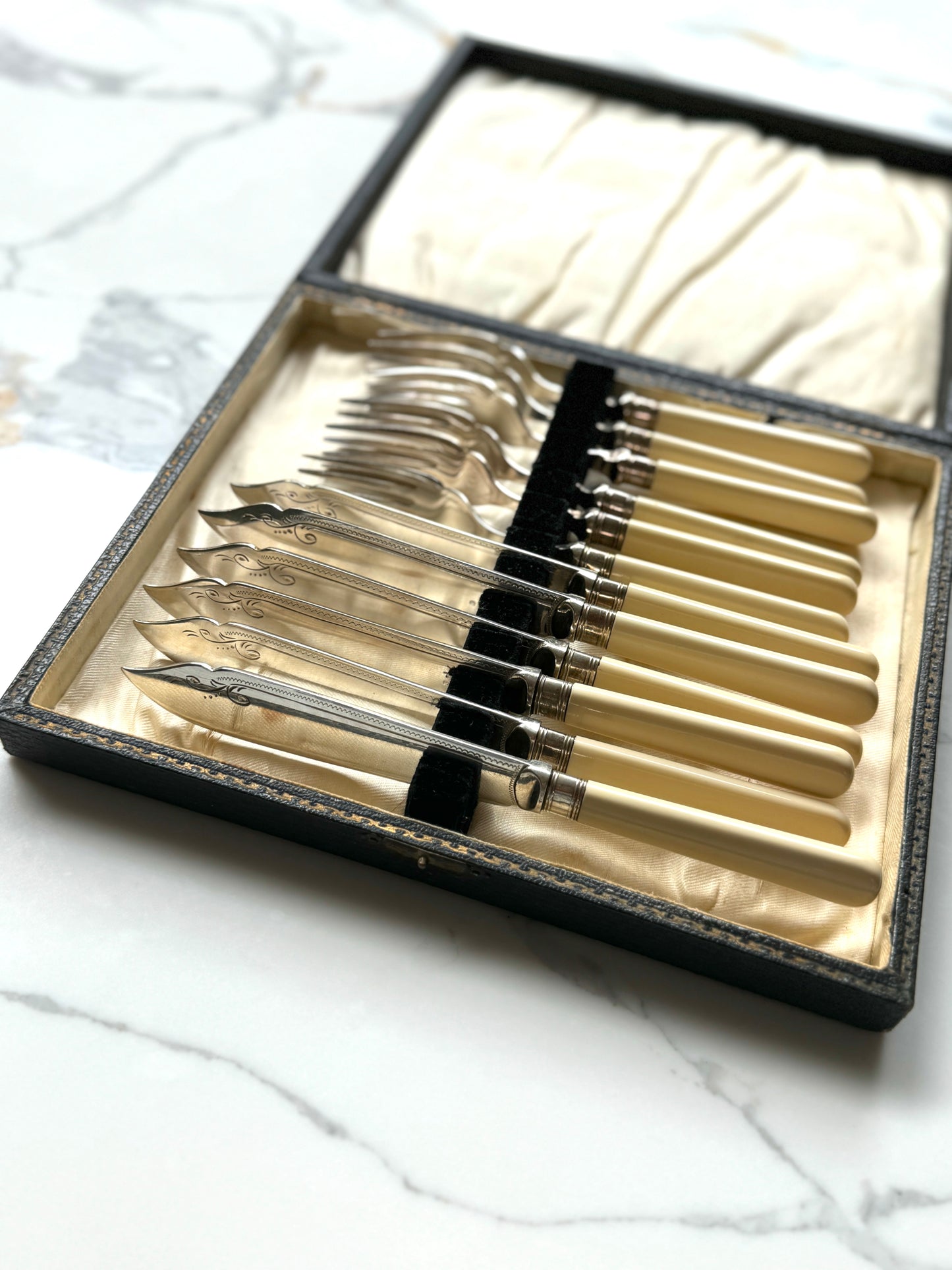 Vintage Silver Plated Fish Knife & Fork Set for Six | Faux Bone Handles & Original Box, c.1910-1930s