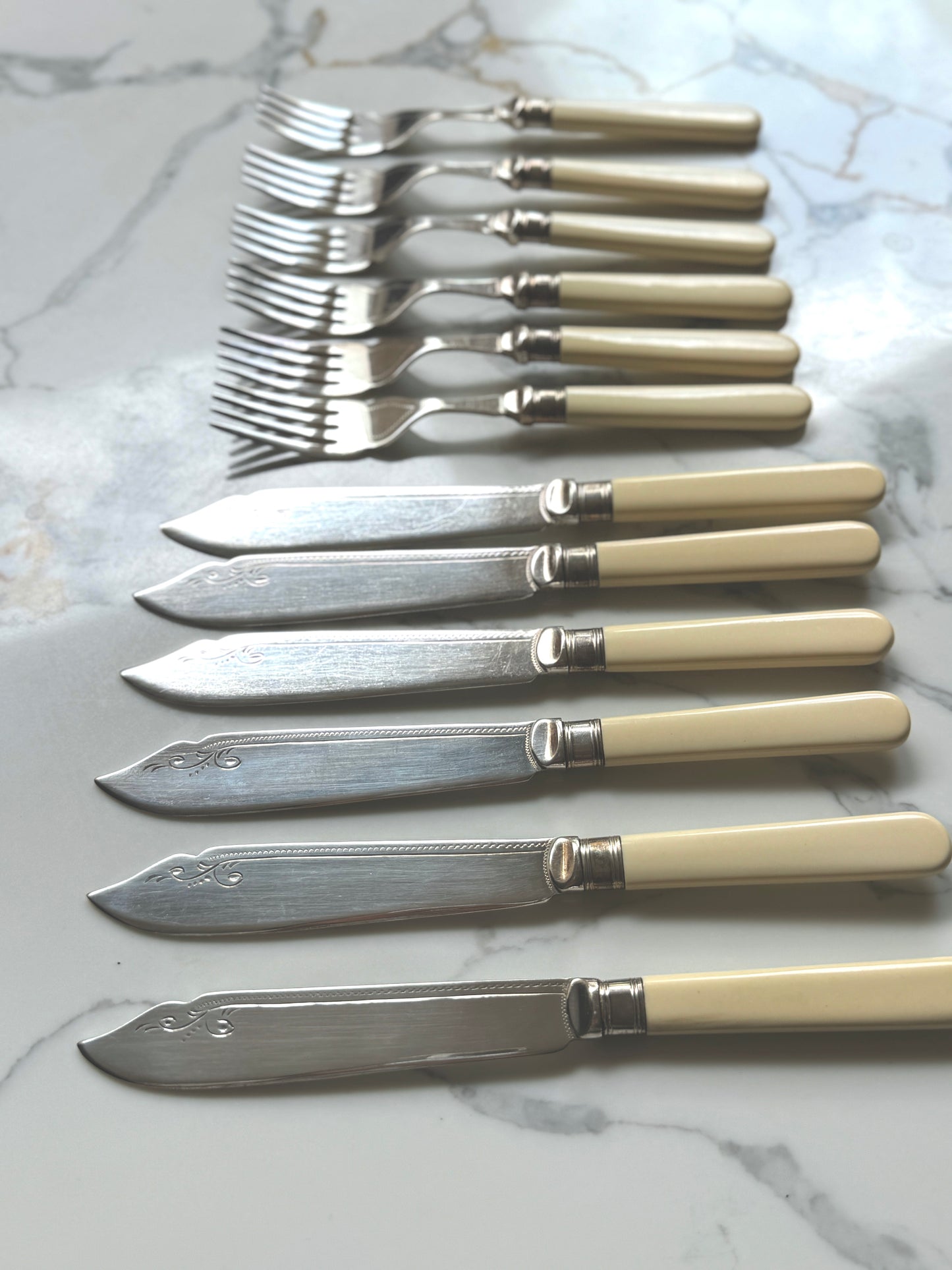 Vintage Silver Plated Fish Knife & Fork Set for Six | Faux Bone Handles & Original Box, c.1910-1930s