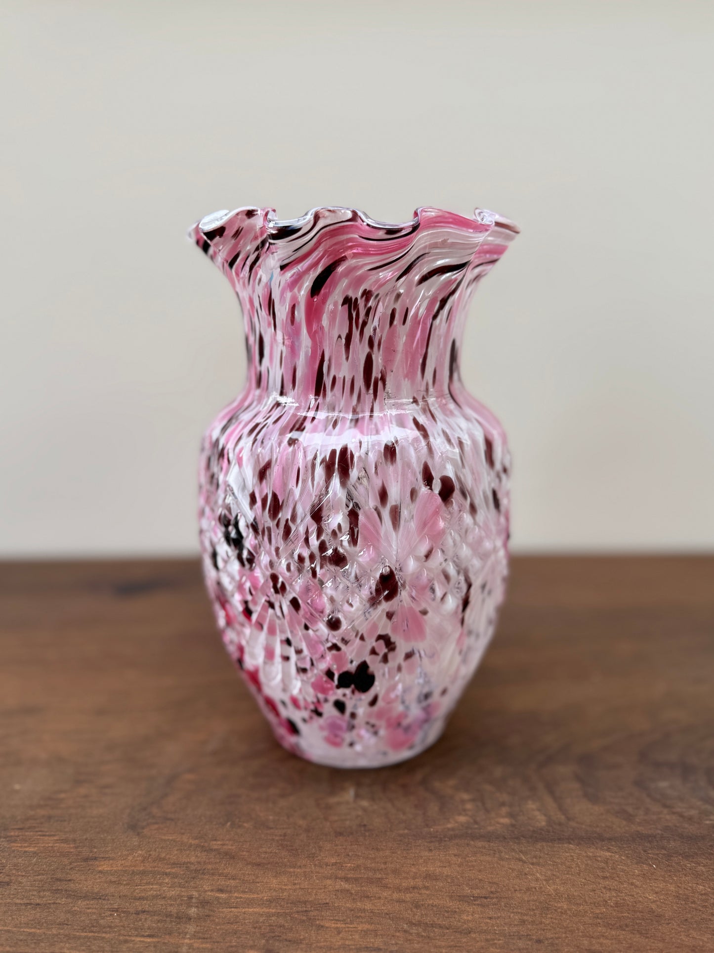 Vintage Spatter Glass Vase with Pressed Pattern and Ruffled Rim | Pink, White and Brown | Sourced in Paris