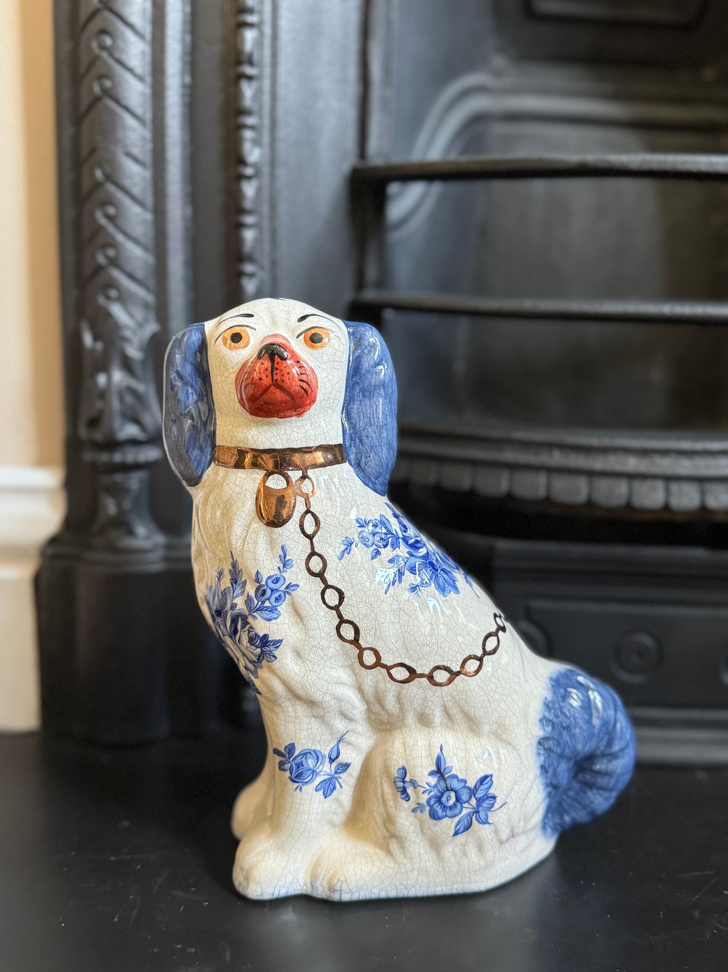Vintage Staffordshire Dog by William Kent with Blue & White Floral Design