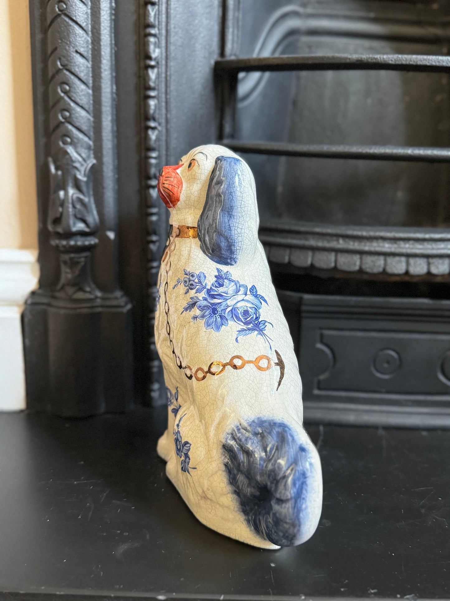 Vintage Staffordshire Dog by William Kent with Blue & White Floral Design | C.1940s - 1950s