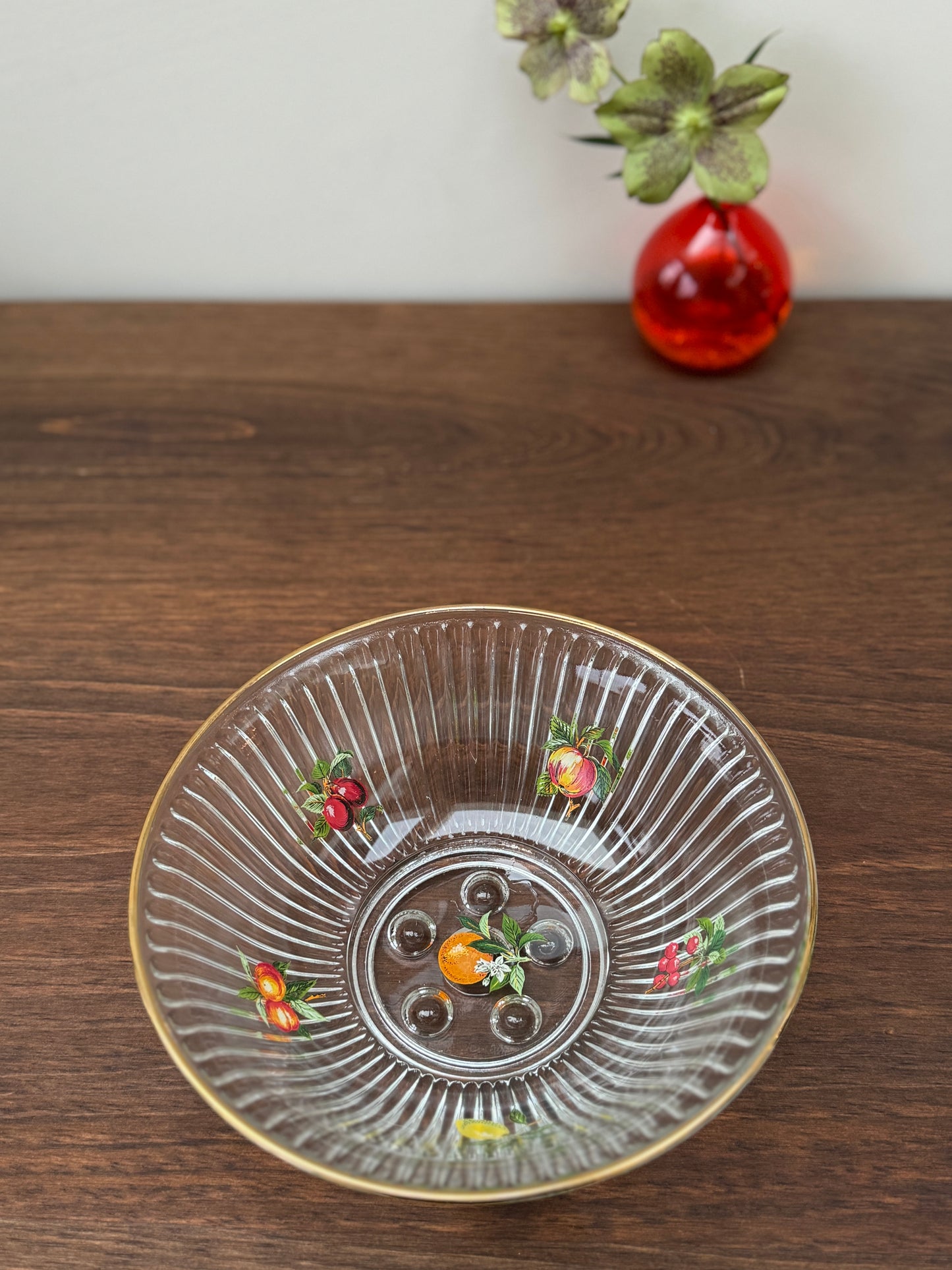 Vintage Fluted Glass Fruit Bowl with Cherry Pattern