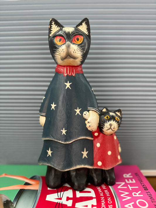 Hand-Carved Wooden Cat Mum & Daughter Figurines, Circa 1990-Ornament-My Happy London Home-My Happy London Home