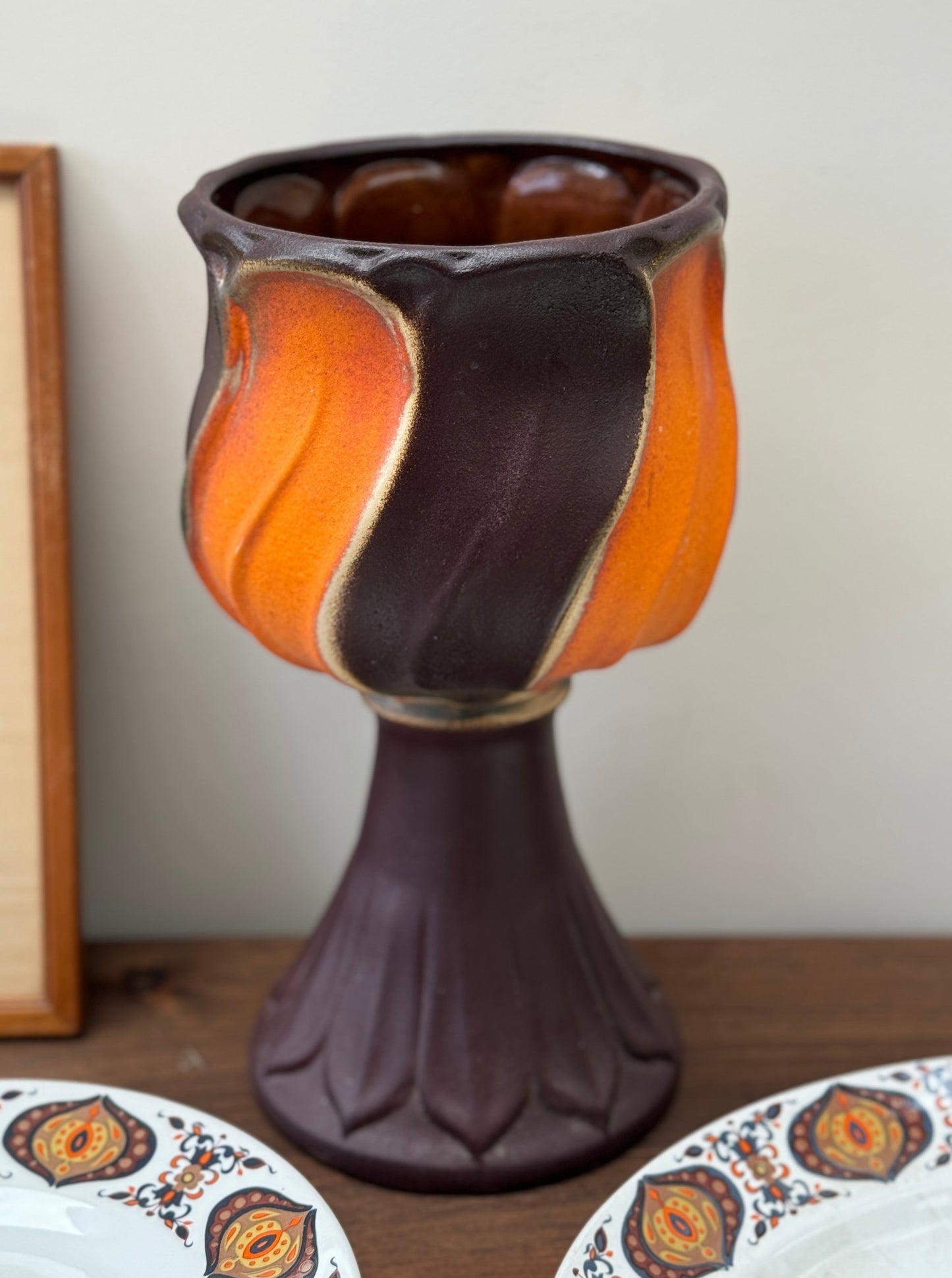 Vintage West Germany Pottery Vase / Planter - Brown and Orange