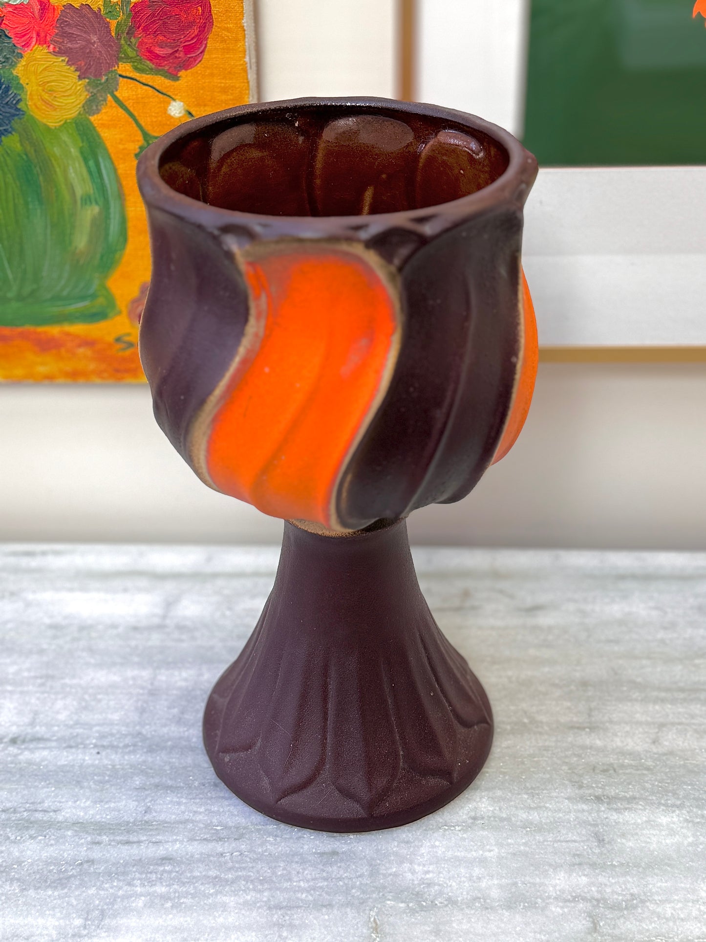 Vintage West Germany Pottery Vase / Planter - Brown and Orange