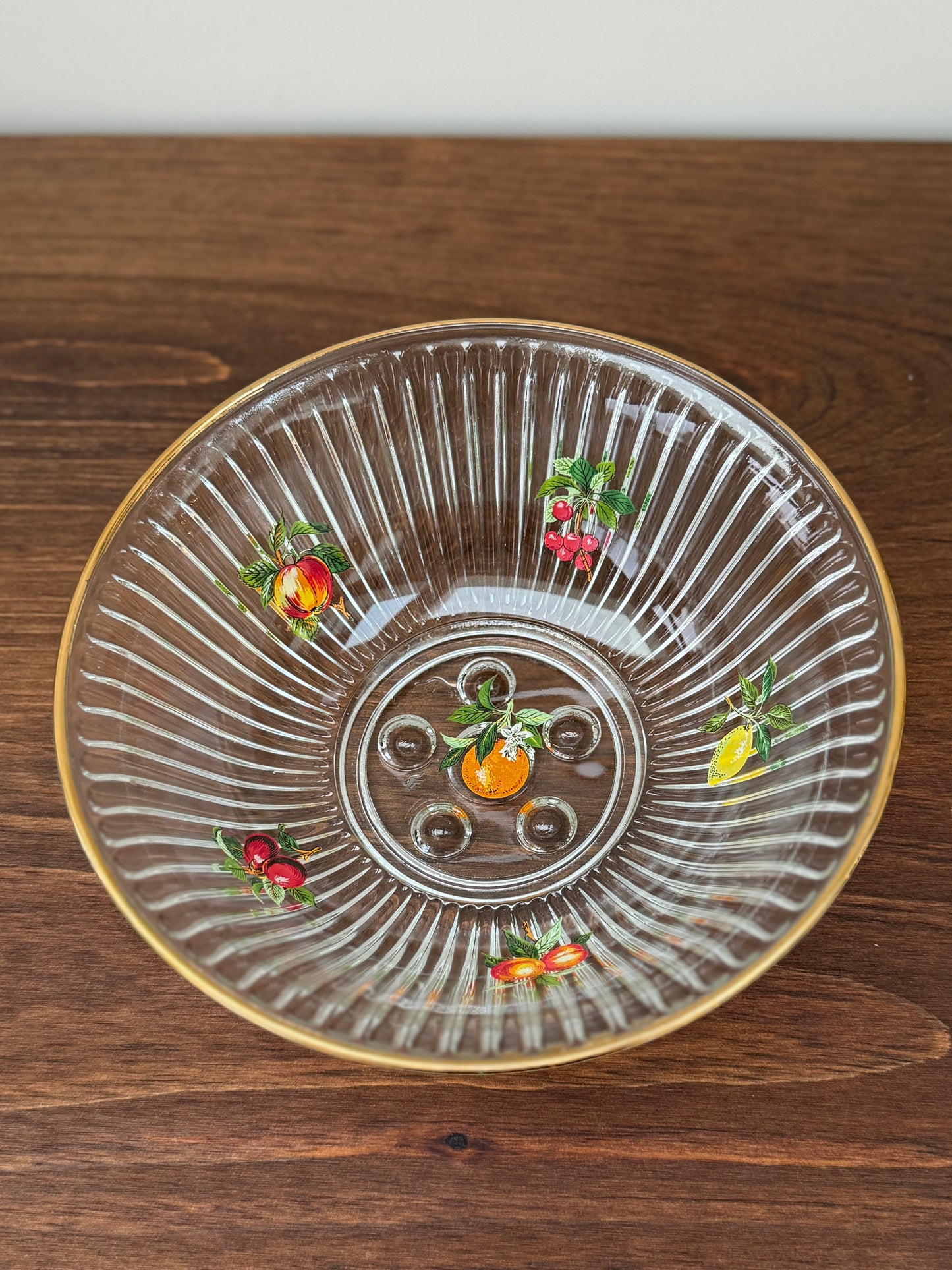 Vintage Fluted Glass Fruit Bowl with Cherry Pattern