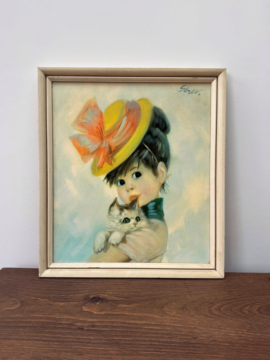 Vintage Framed Print: "Harriet, Girl with a Cat" by John Strevens c.1964-Framed Art-John Strevens-My Happy London Home