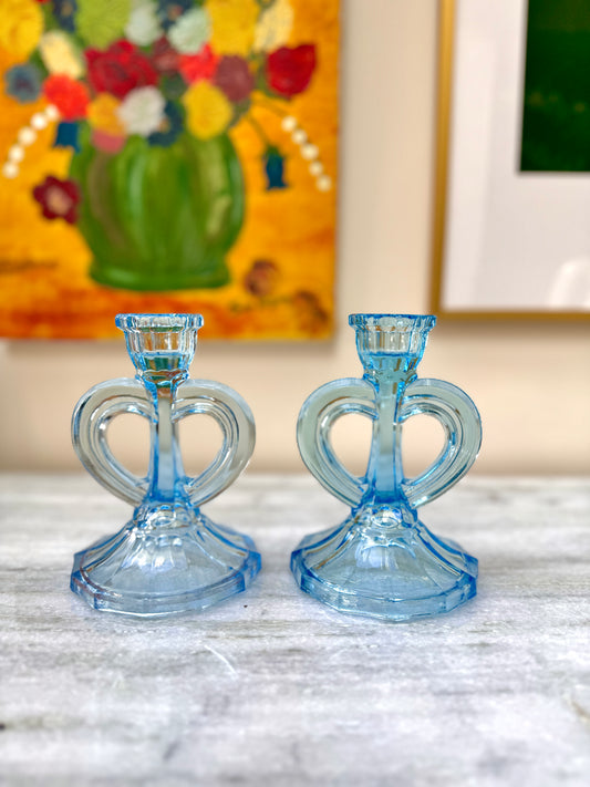 Pair of Art Deco Blue Glass Candleholders-Candle Holder-My Happy London Home-My Happy London Home