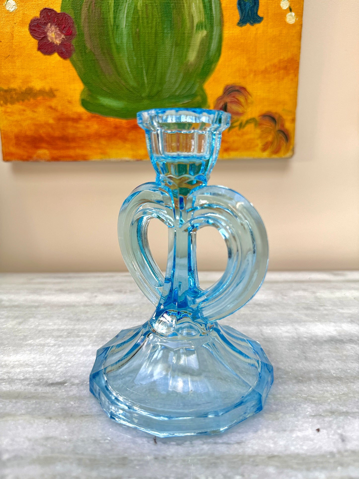 Pair of Art Deco Blue Glass Candleholders