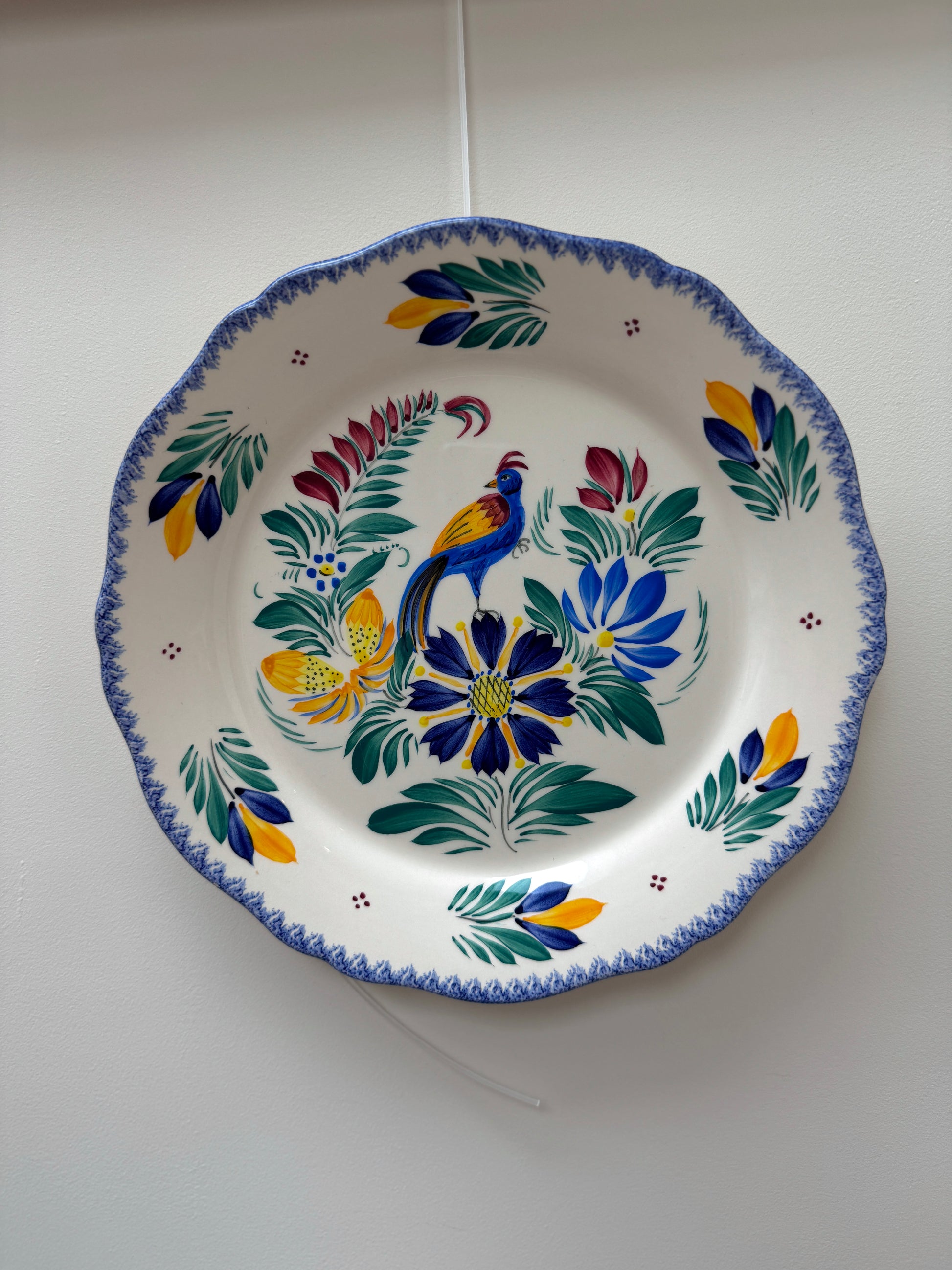 French Faience Wall Plate by The Faïencerie d'Art Breton - Peacock and flowers, 1990s-Plate-Faïencerie d'Art Breton-My Happy London Home