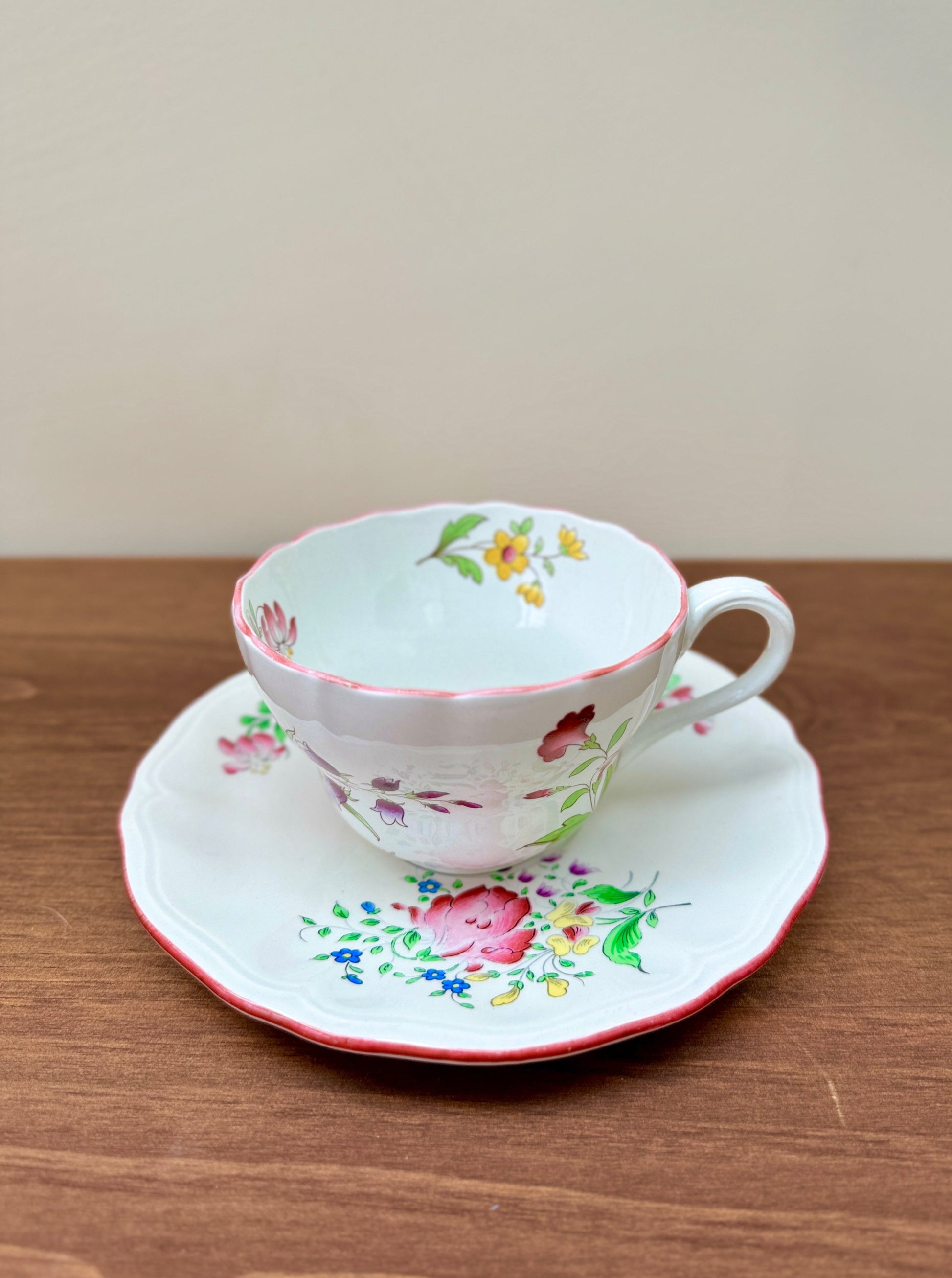 Vintage Teacup and Saucer Set: Spode 'Marlborough Sprays' Teacup with KG Luneville 'Réverbère Fin' Saucer-Cup & Saucer-Spode-My Happy London Home