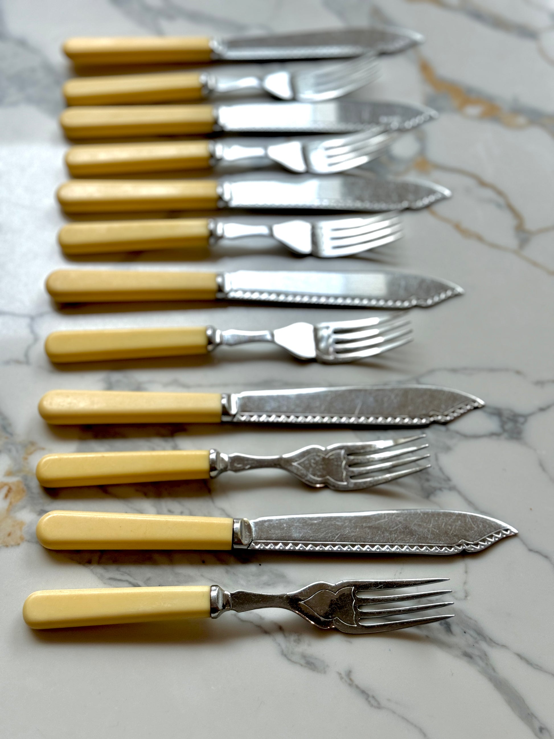 Vintage Fish Knives and Forks Set of 6 - Chrome Plated with Faux Bone Handles-Cutlery-My Happy London Home-My Happy London Home