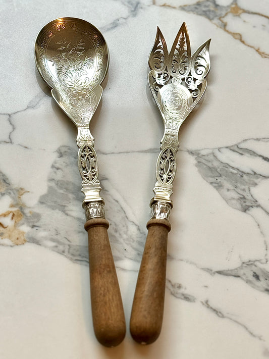 Victorian Mapping Brothers Serving Spoon and Fork Set - A1 Quality Silver Plated, Mid-19th Century