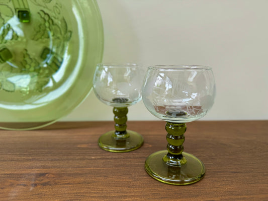 Vintage Roemer Wine Glasses with Olive Green Bubble Stems and Etched Grapevine - Set of 2