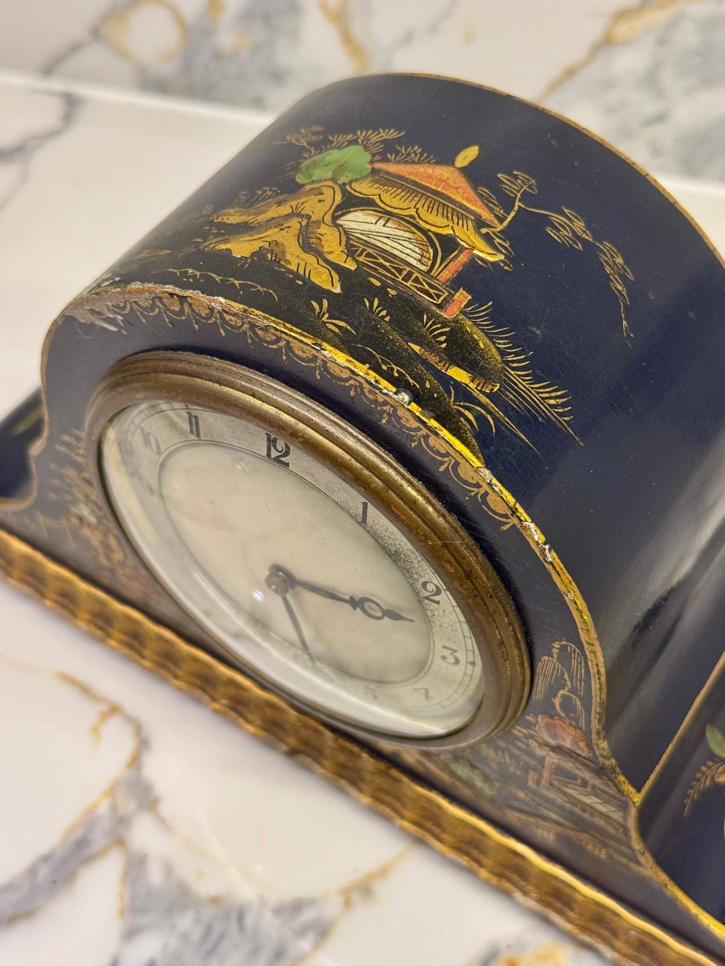 Antique Chinoiserie Mantel Clock by Smiths | Black & Gold Lacquer | 1930s