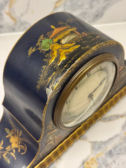 Antique Chinoiserie Mantel Clock by Smiths | Black & Gold Lacquer | 1930s