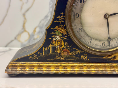 Antique Chinoiserie Mantel Clock by Smiths | Black & Gold Lacquer | 1930s
