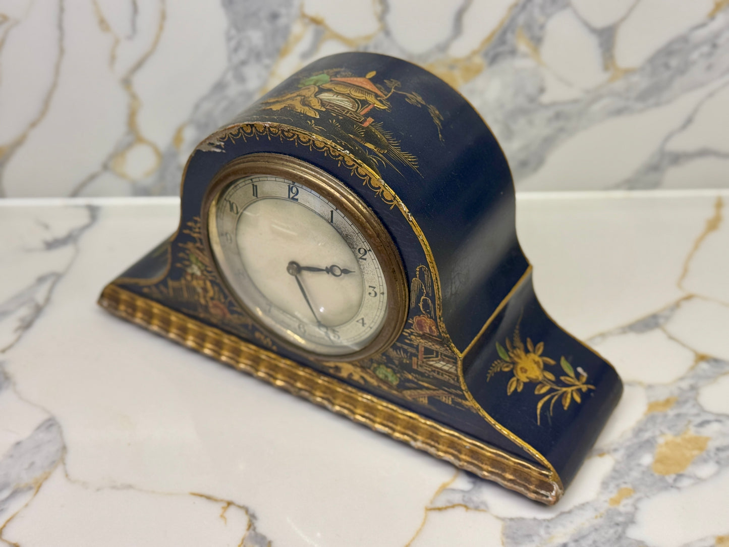 Antique Chinoiserie Mantel Clock by Smiths | Black & Gold Lacquer | 1930s