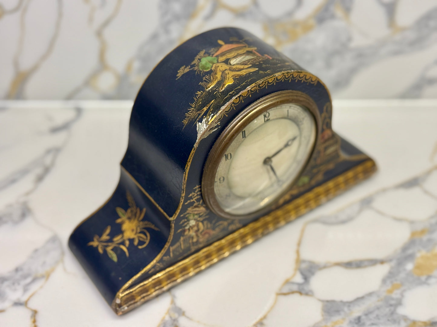 Antique Chinoiserie Mantel Clock by Smiths | Black & Gold Lacquer | 1930s