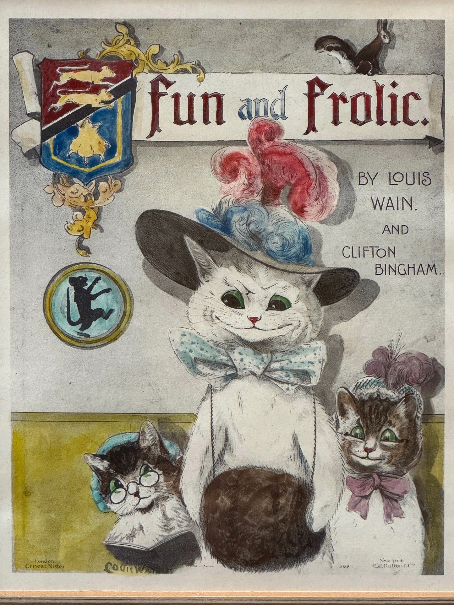 アンティーク手彩色プリント ルイス・ウェイン | 「Fun and Frolic」表紙イラスト | オリジナル装飾額入り プロモーション版 c.1900